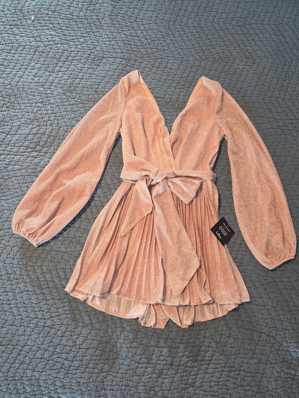 Lulu's Champagne Rose Shimmer Long Sleeve Romper